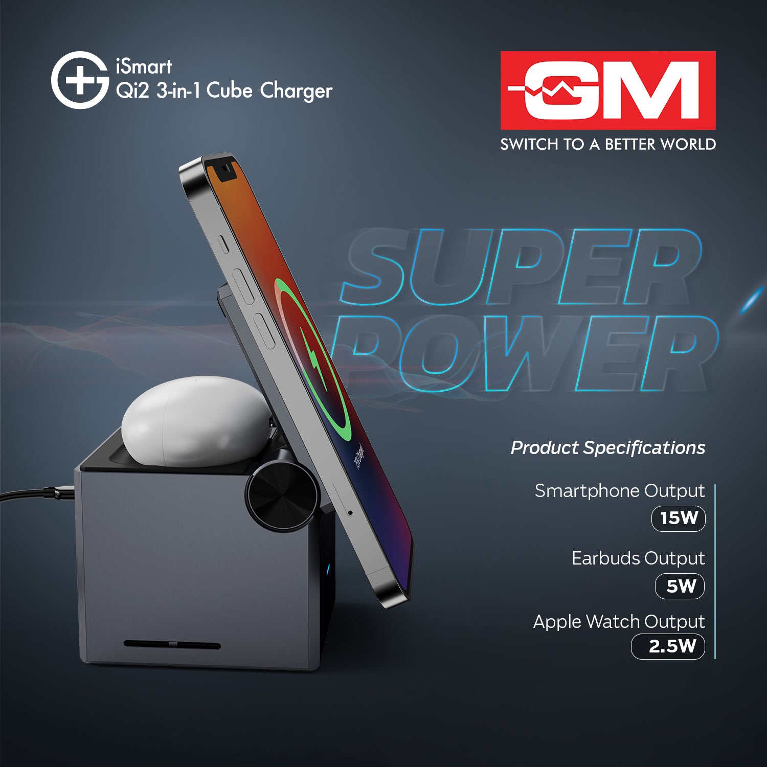 ISMART QI2 3-IN-1 CUBE CHARGER (Silver)