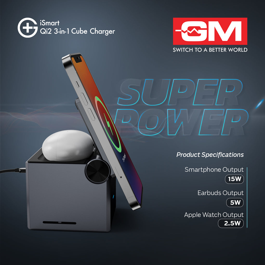 ISMART QI2 3-IN-1 CUBE CHARGER (Silver)