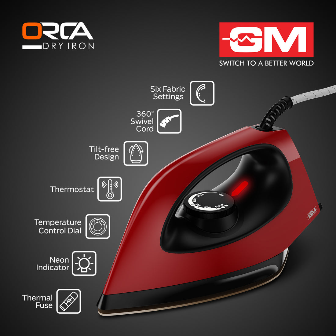 ORCA 1100 WATT DRY IRON (RED)