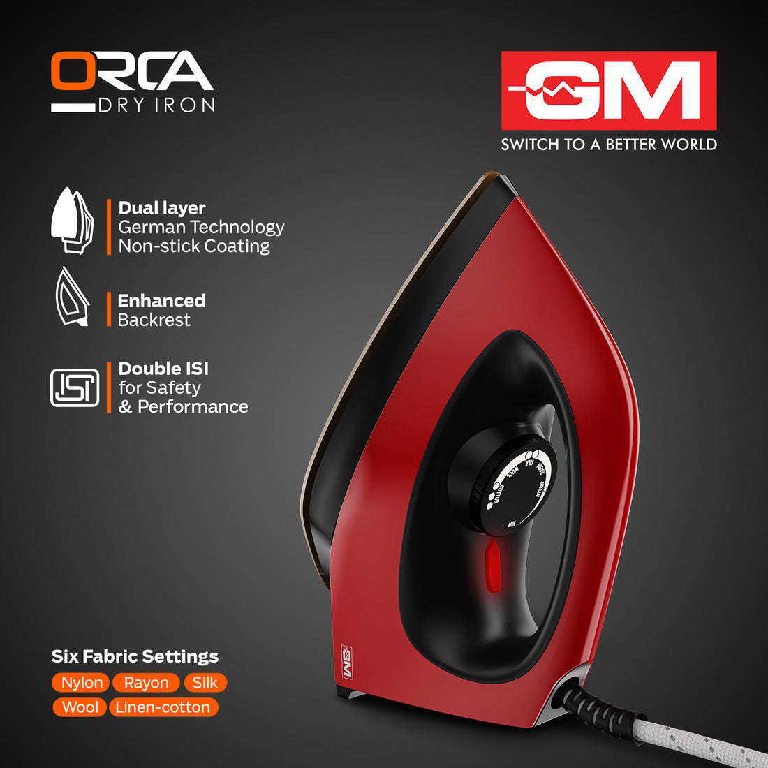 ORCA 1100 WATT DRY IRON (RED)