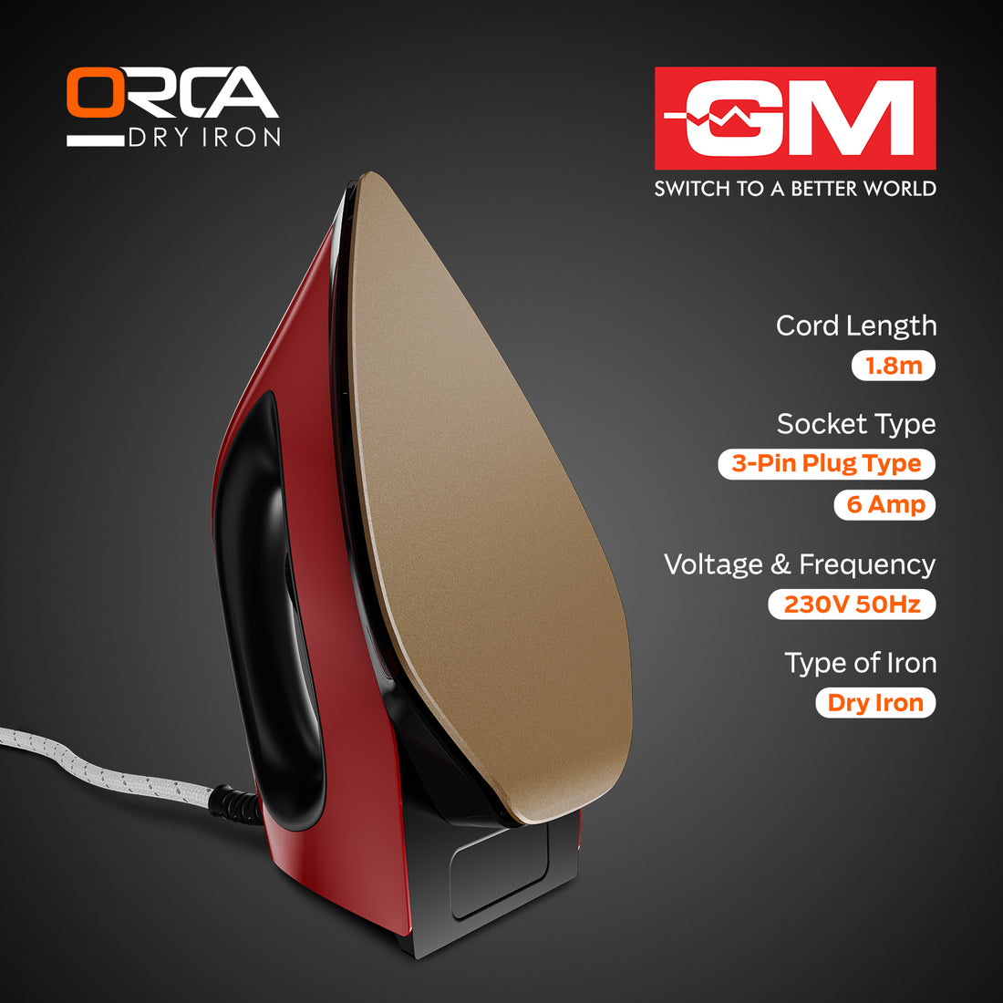 ORCA 1100 WATT DRY IRON (RED)