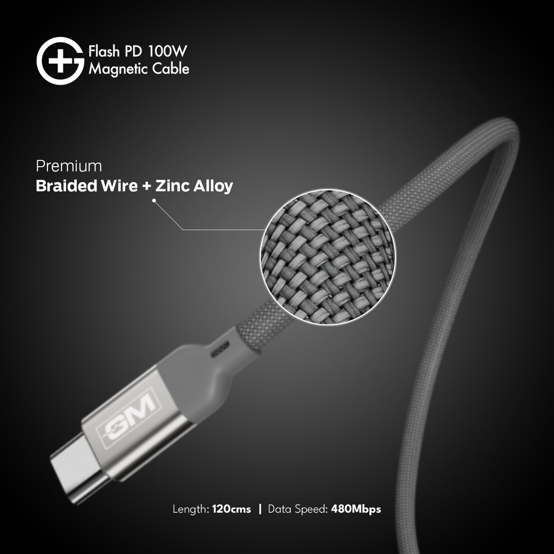 G+ Flash PD 100W Magnetic Charging Cable (Metallic Grey)
