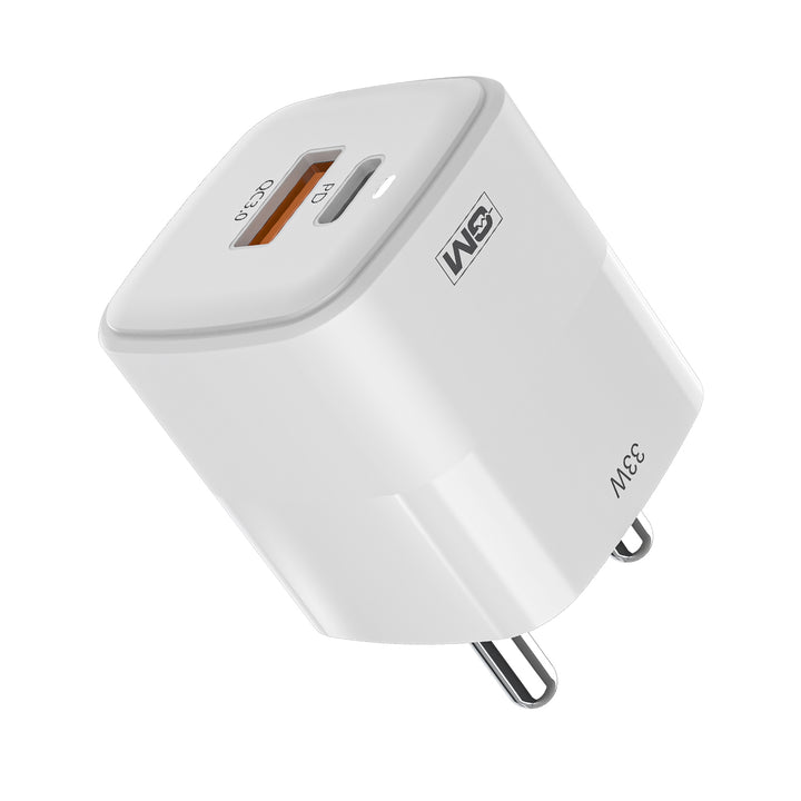 33W, Dual Port GAN Adaptor (QC 3.0+PD) (White)