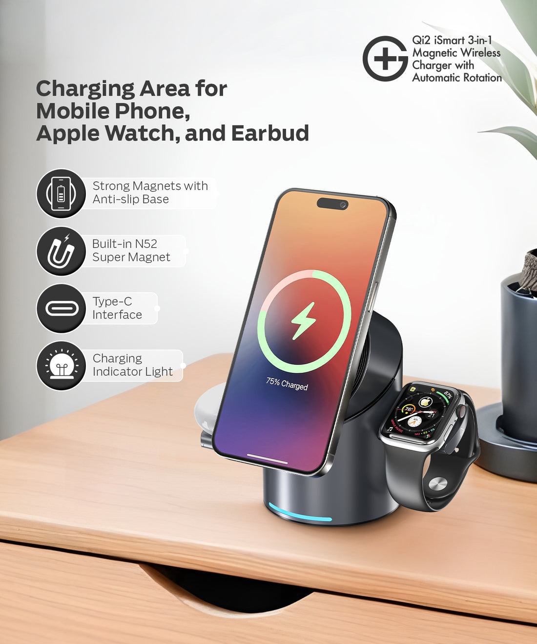G+ Festival Combo:  Ismart Qi2.2 25W Rotation Charger+ Air Magnetic 100W C-C Cable + 70W TravelEase Pro