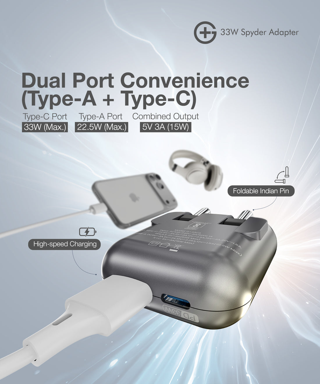G+ Festival Combo: 33W Spyder Adapter (Electric Grey) + Air Magnetic 100W C-C Cable + Arc 3-in-1 Qi2 Wireless Charger