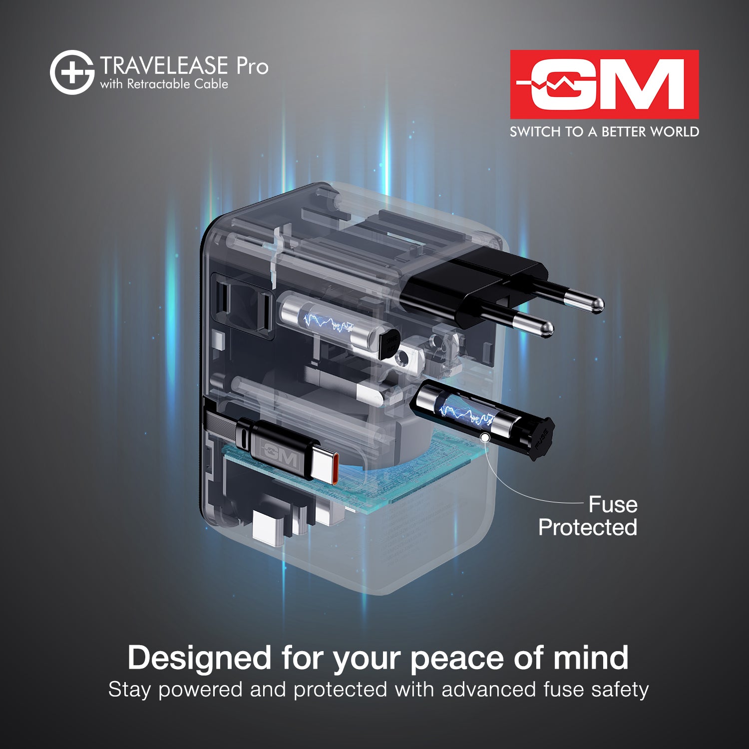 Travel Ease Pro Adaptor 70W Type C with Retractable Cable (Black)