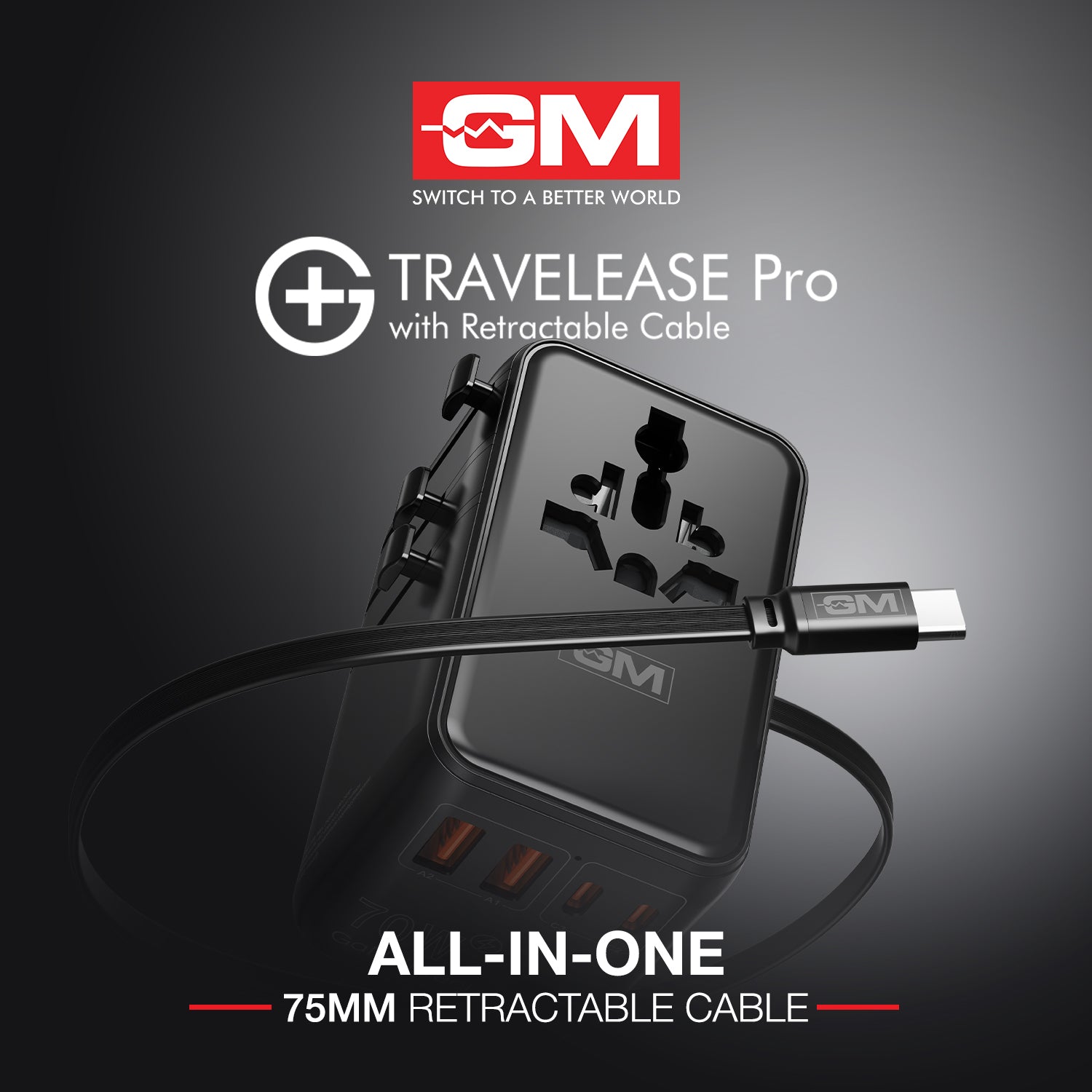 Travel Ease Pro Adaptor 70W Type C with Retractable Cable (Black)