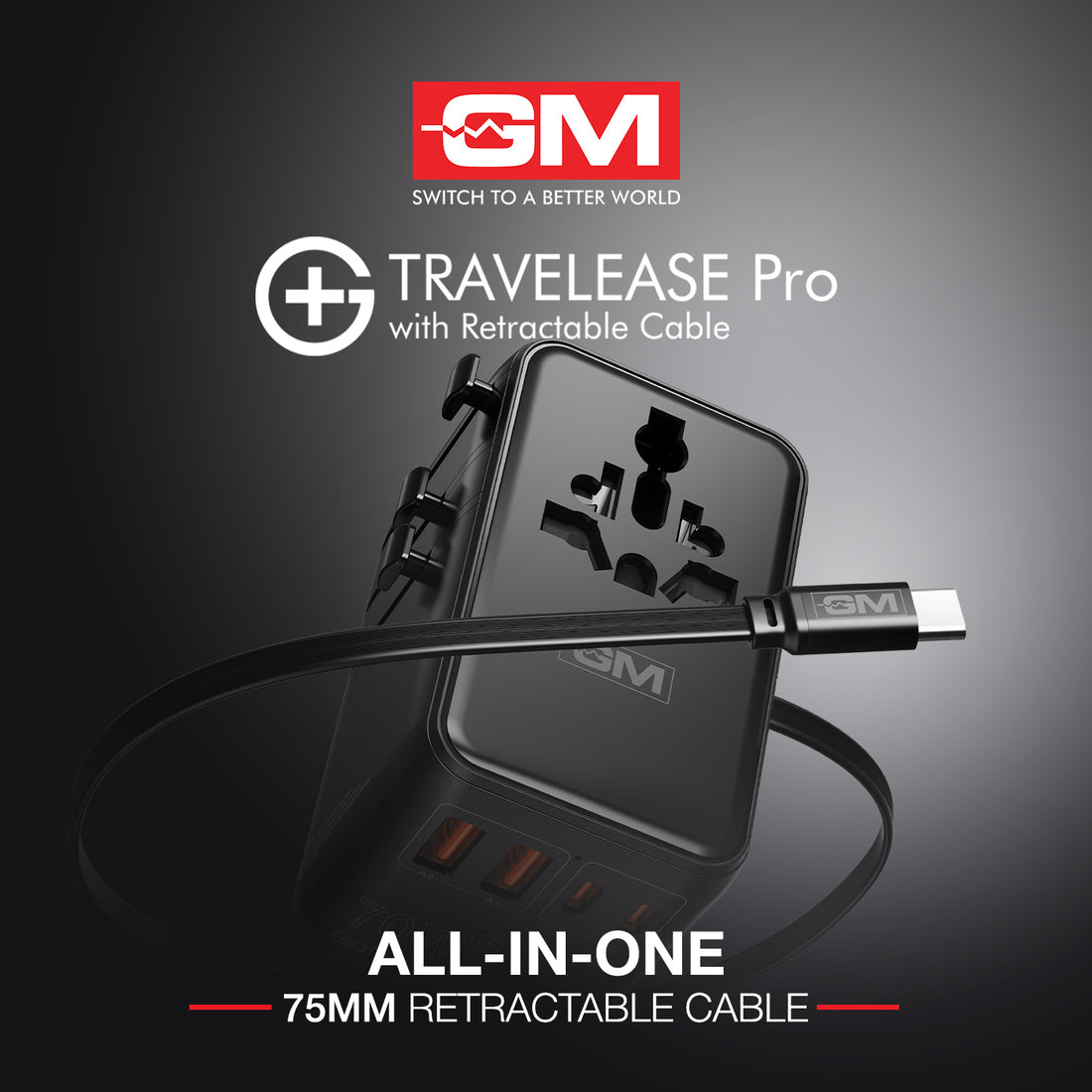 Travel Ease Pro Adaptor 70W Type C with Retractable Cable (Black)