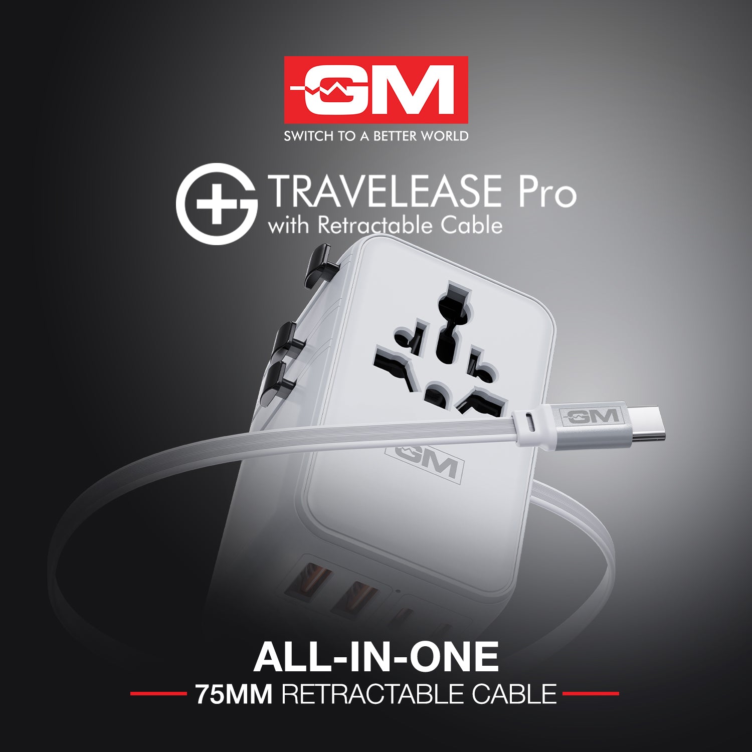 Travel Ease Pro Adaptor 70W Type C with Retractable Cable (White)