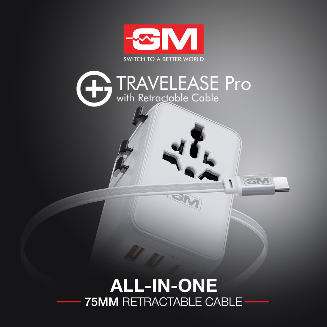 Travel Ease Pro Adaptor 70W Type C with Retractable Cable (White)