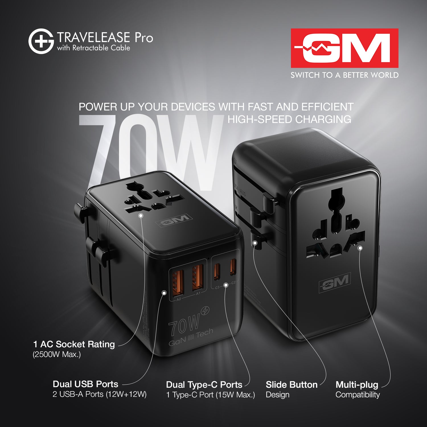 Travel Ease Pro Adaptor 70W Type C with Retractable Cable (Black)