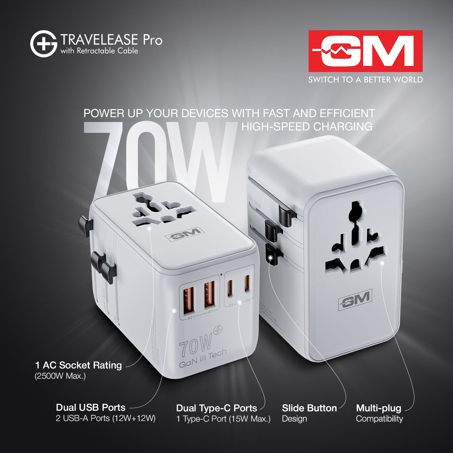 Travel Ease Pro Adaptor 70W Type C with Retractable Cable (White)