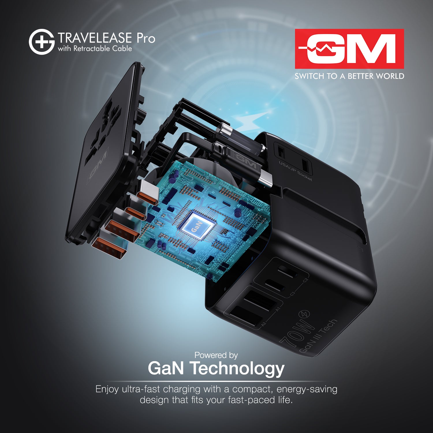 Travel Ease Pro Adaptor 70W Type C with Retractable Cable (Black)