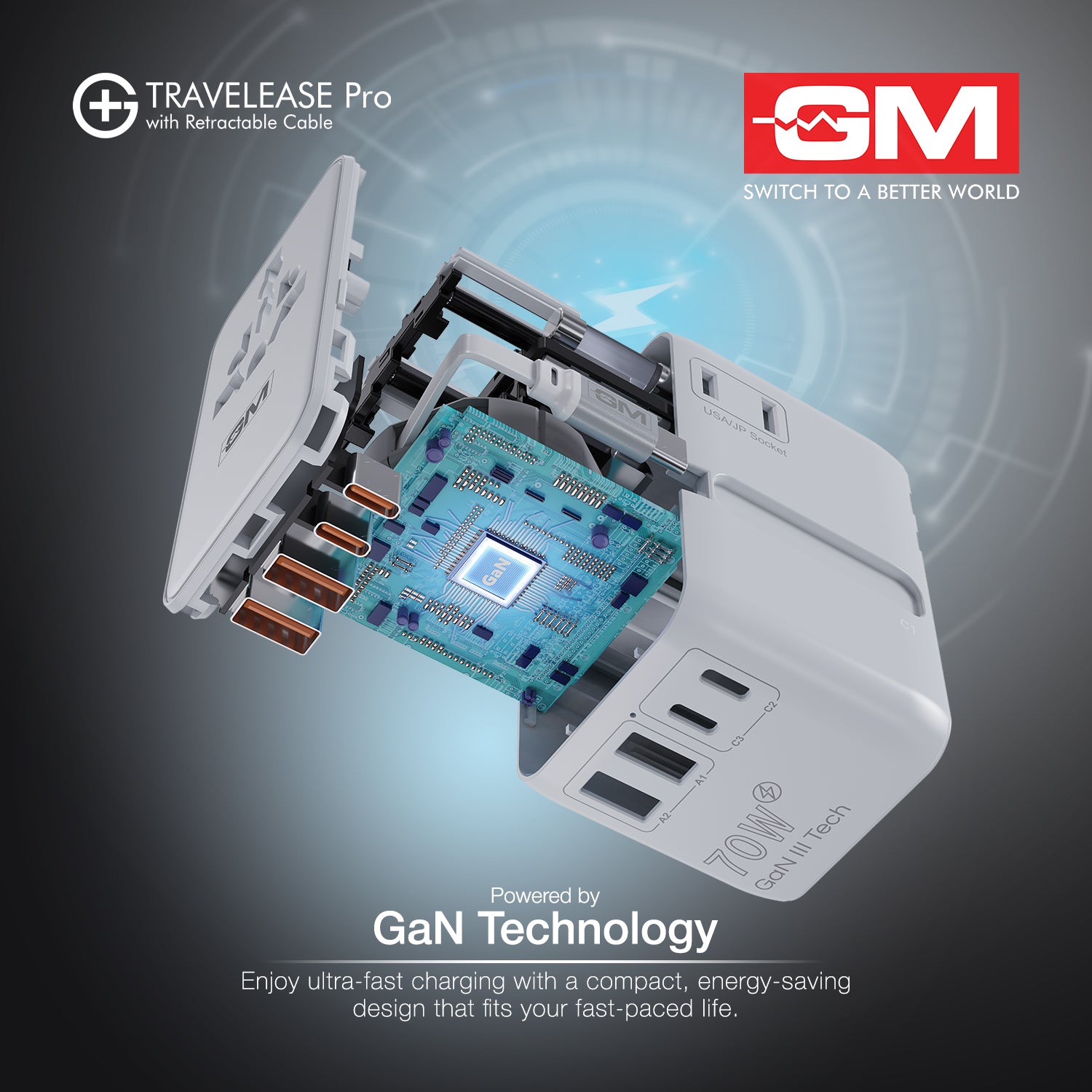 Travel Ease Pro Adaptor 70W Type C with Retractable Cable (White)