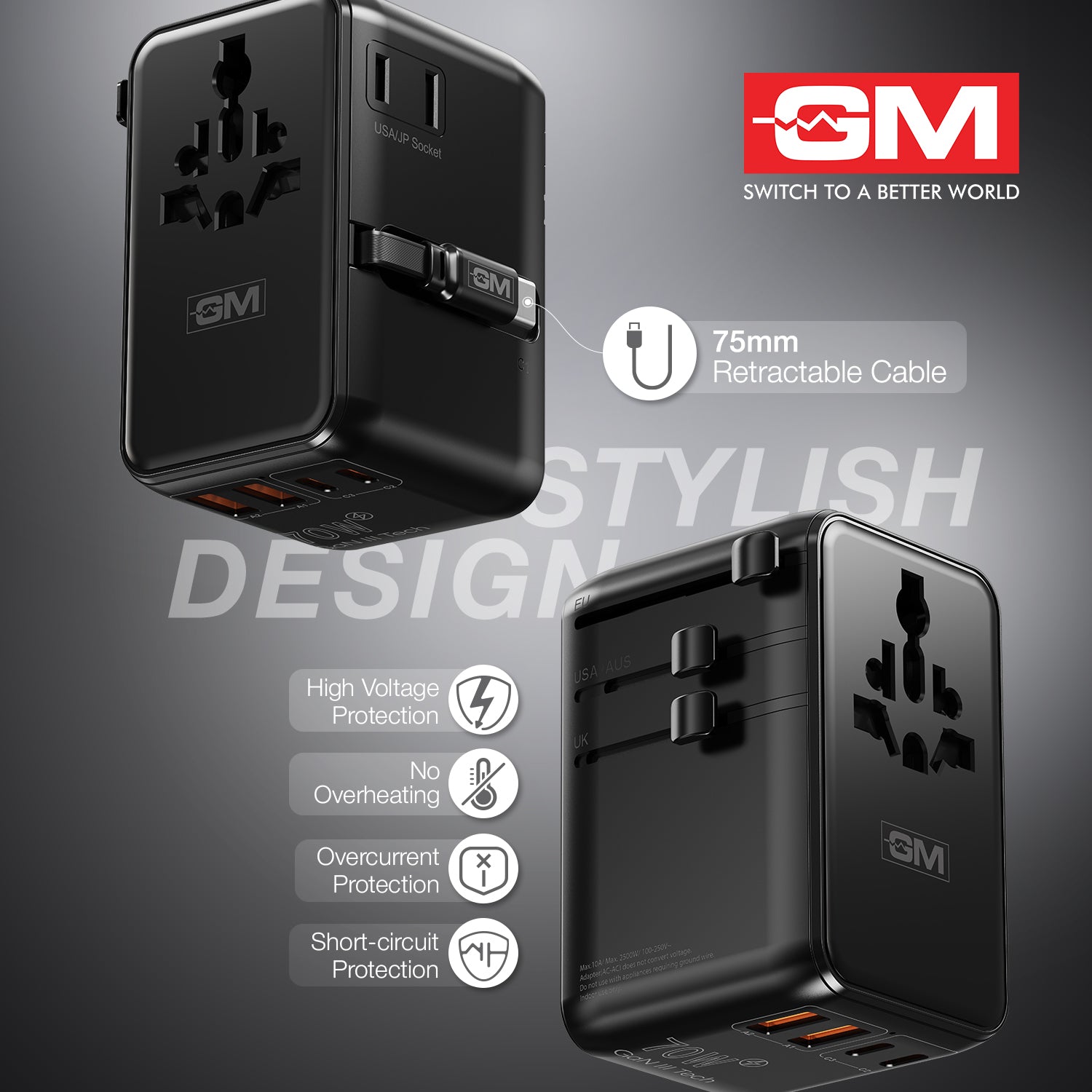 Travel Ease Pro Adaptor 70W Type C with Retractable Cable (Black)