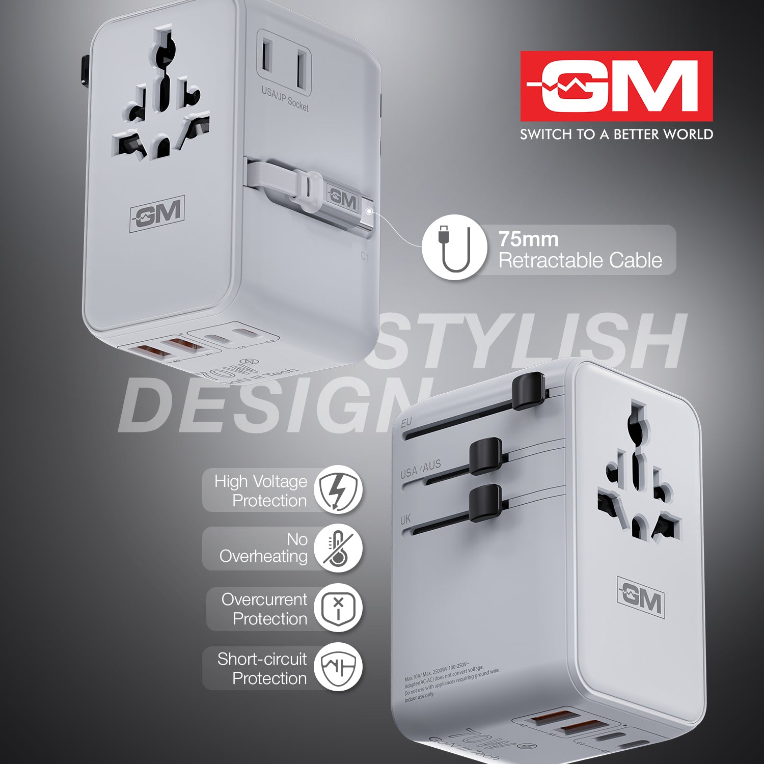 Travel Ease Pro Adaptor 70W Type C with Retractable Cable (White)