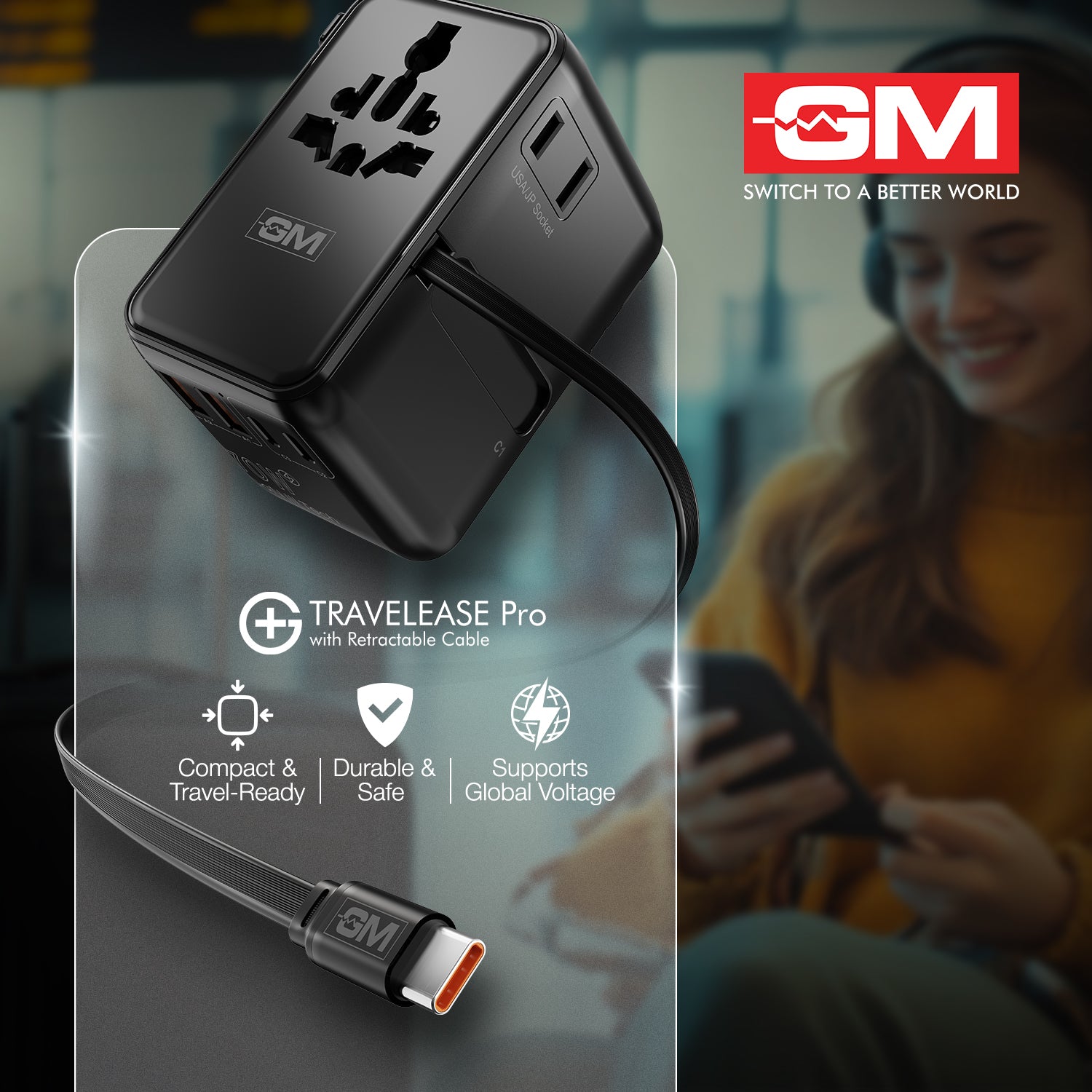 Travel Ease Pro Adaptor 70W Type C with Retractable Cable (Black)