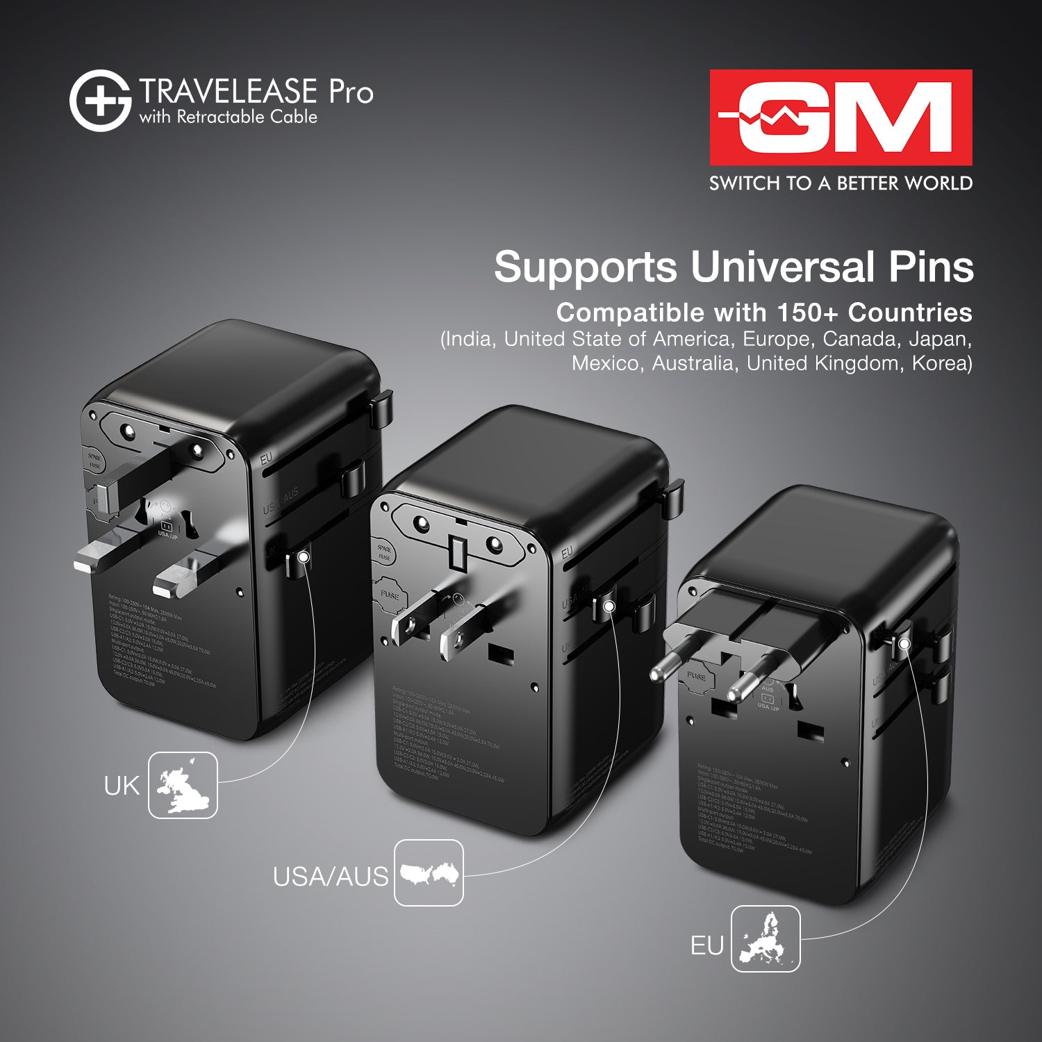 Travel Ease Pro Adaptor 70W Type C with Retractable Cable (Black)