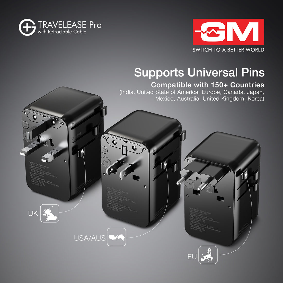 Travel Ease Pro Adaptor 70W Type C with Retractable Cable (Black)