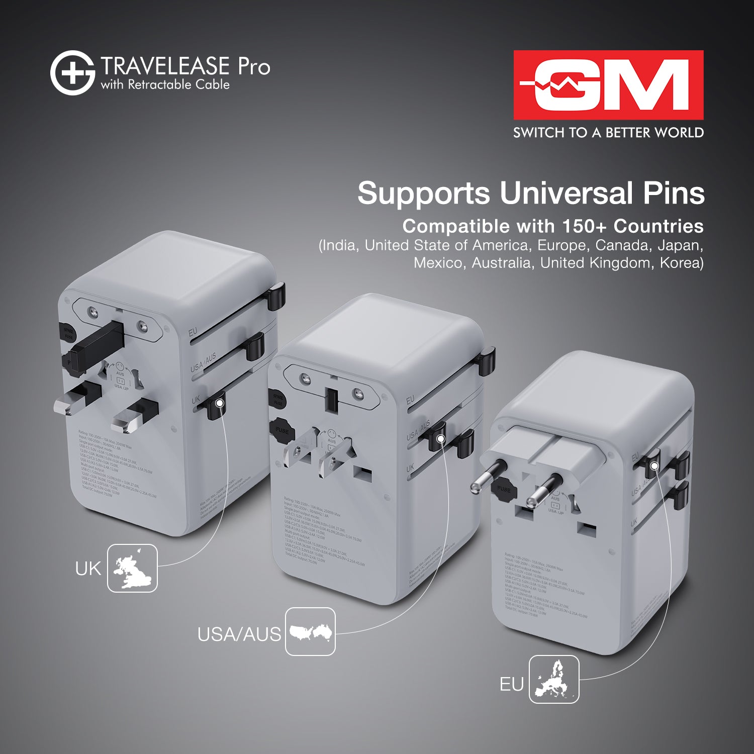 Travel Ease Pro Adaptor 70W Type C with Retractable Cable (White)