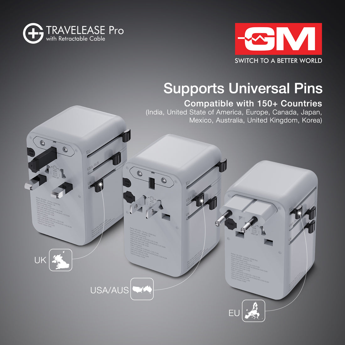 Travel Ease Pro Adaptor 70W Type C with Retractable Cable (White)