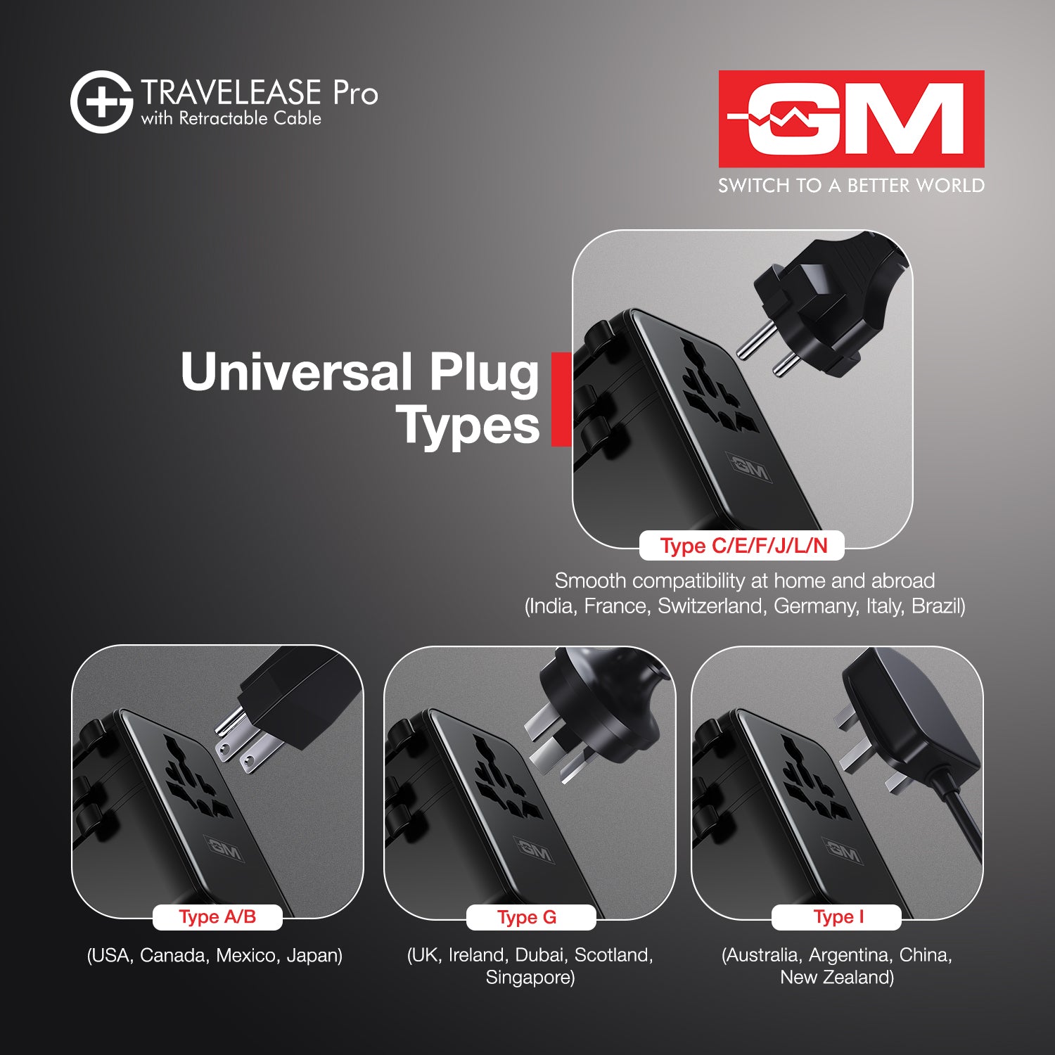 Travel Ease Pro Adaptor 70W Type C with Retractable Cable (Black)