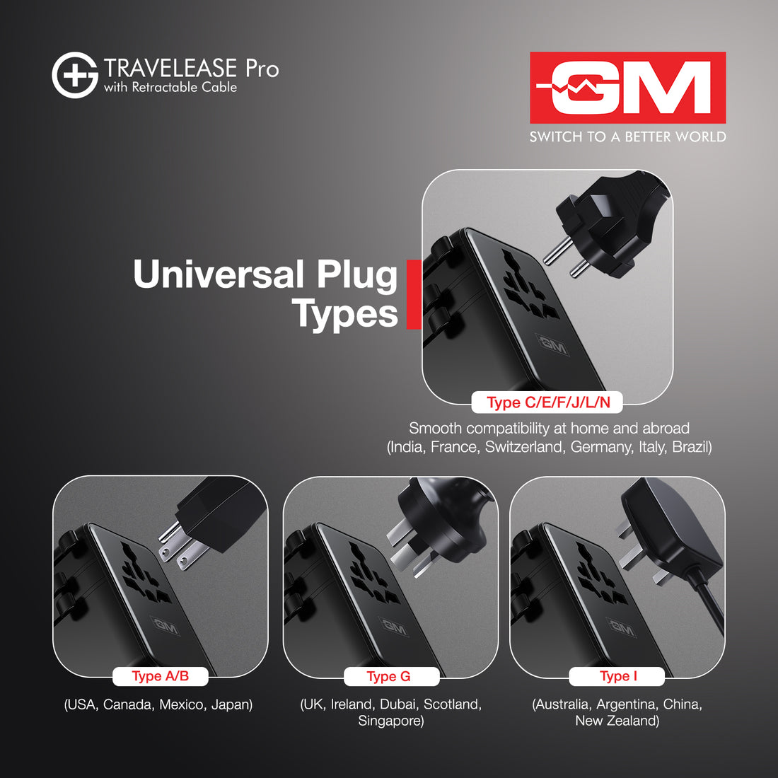 Travel Ease Pro Adaptor 70W Type C with Retractable Cable (Black)