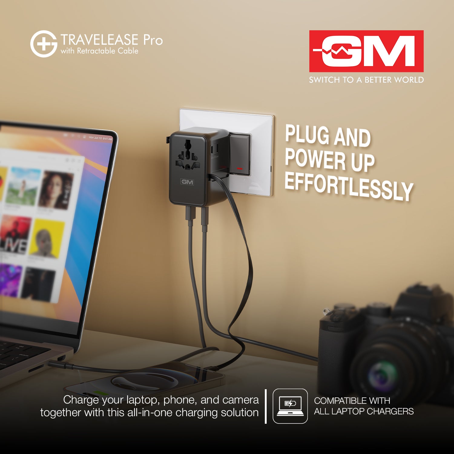 Travel Ease Pro Adaptor 70W Type C with Retractable Cable (Black)