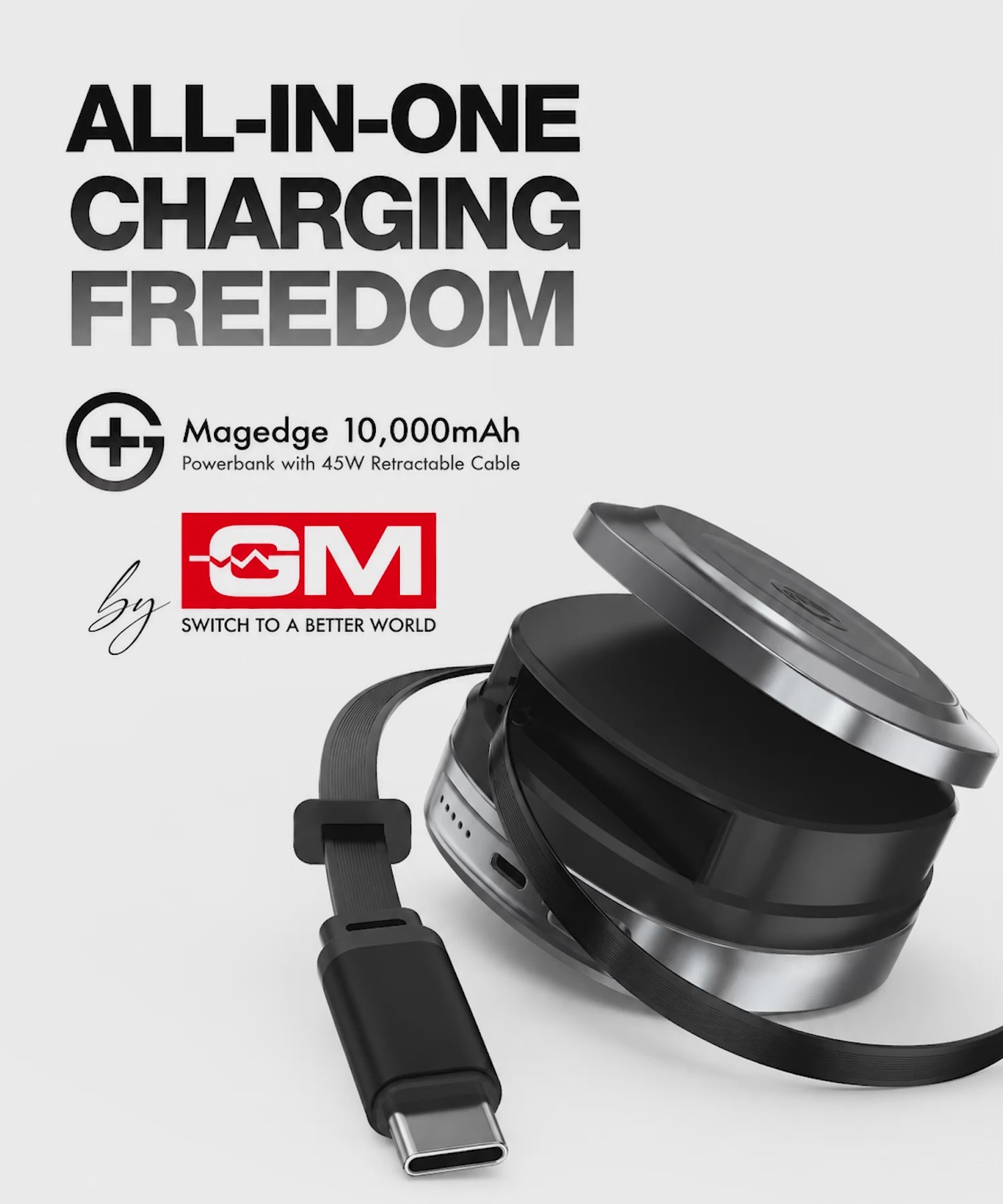 MAGEDGE 10000mAh Powerbank with 45W Type-C Retractable Cable